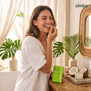 Zimba Teeth Whitening Strips Coconut Woman smiling in bedroom  #coconut