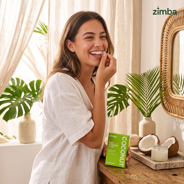 Zimba Teeth Whitening Strips Coconut Woman smiling in bedroom  #coconut